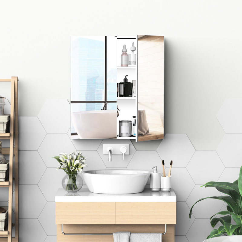 Armoire murale argentée en acier inoxydable pour salle de bain 24 po x 26 po - Portes doubles en miroir pour une utilisation efficace de l'espace
