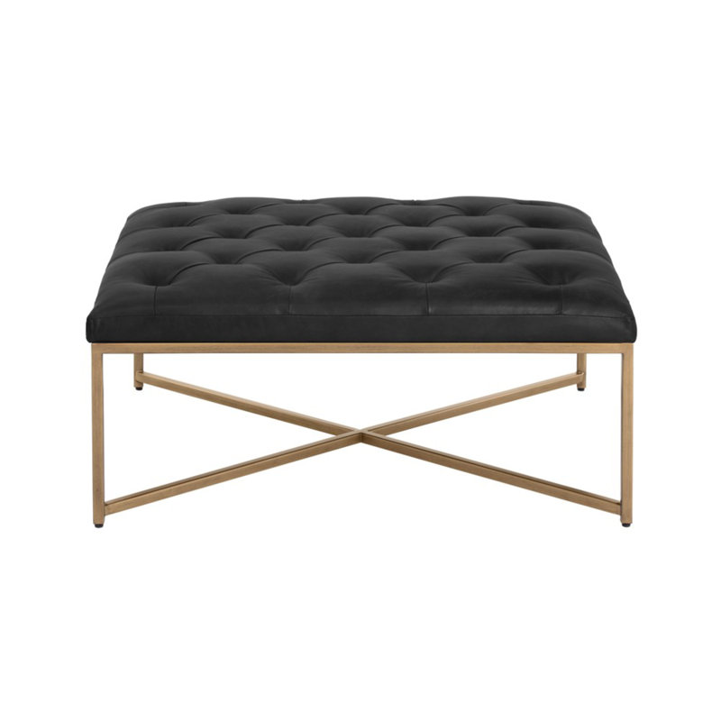 Repose-pieds de cocktail carré en cuir véritable capitonné Osa, Cuir véritable noir