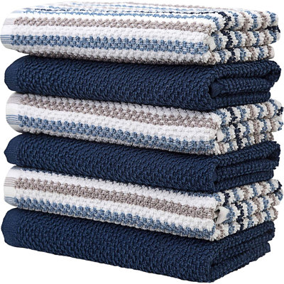 Premium Kitchen Towels (16”X 26”, 6 Pack) | Large Cotton Kitchen Hand Towels | Popcorn Striped Design | Dish Towels | 430 GSM Highly Absorbent Tea Towels Set With Hanging Loop
