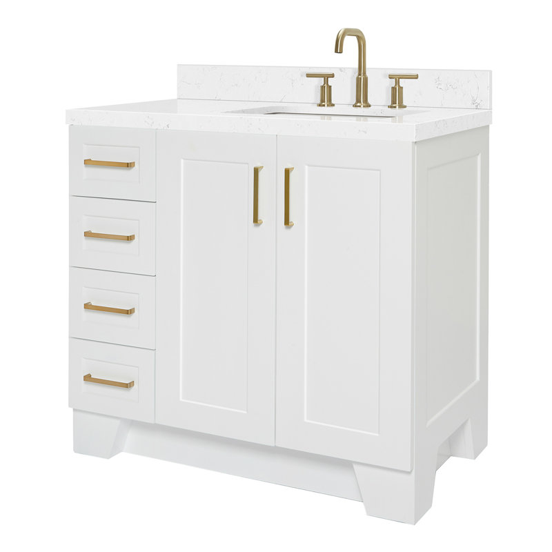 Freitas 36'' Solid Wood Single Bathroom Vanity in White with 1.5'' Carrara White Quartz Top, Right Offset, Rectangle Sink