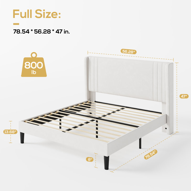 Low-Profile Velvet Upholstered Platform Bed with Wingbacks, Full, White