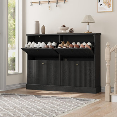 Shoe Cabinet with 4 Flip Drawers, Adjustable & Removable Shelves, Modern Narrow Freestanding Shoe Organizer for Entryway, Hallway, or Foyer