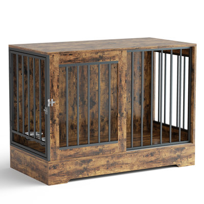 2-in-1 Wooden Dog Crate Furniture, 47" Large Dog Kennel with Double Doors, End Table Design & Built-In Bowls