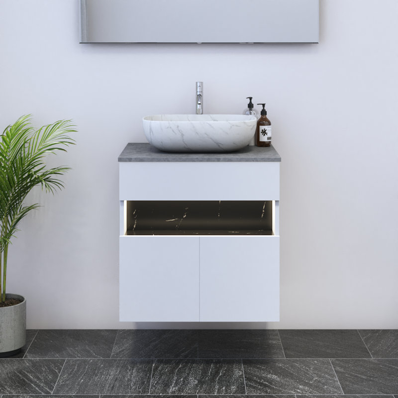 Meuble-lavabo simple avec comptoir 23,6 po Lieke, Béton, Blanc