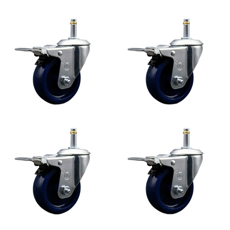 3.5 Inch Solid Poly Swivel 7/16 Inch Stem Caster Set with Total Lock Brake