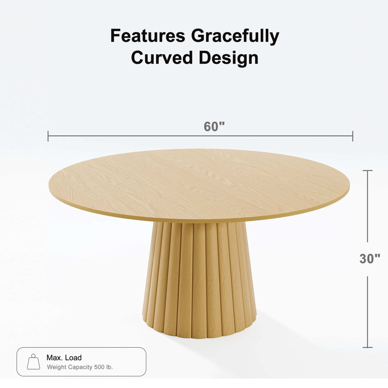 Solid Wood Dining Table Round Pedestal Kitchen Table, 30”H x 60”L x 60”W, Oak