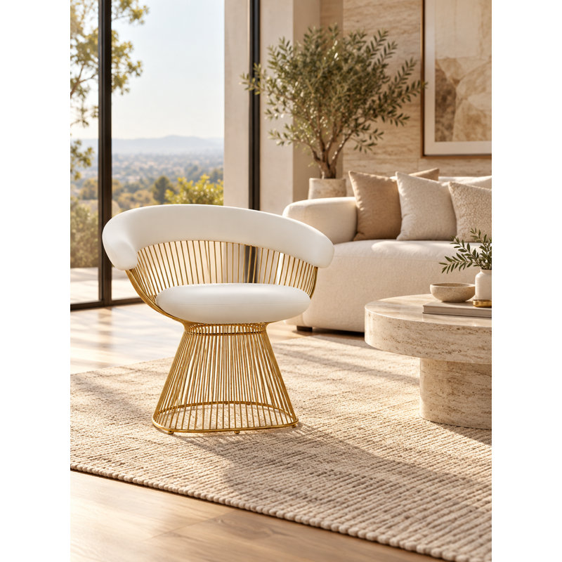 Fauteuil d'appoint en simili-cuir blanc moderne Pangea Home Fern avec base en fil métallique doré - Fauteuil contemporain pour le salon ou la salle à manger