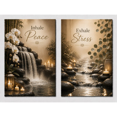 Extra-Large Set of 2 Mindfulness Quote Canvas Wall Art Inhale Peace Exhale Stress Waterfall Prints Spa Bathroom Decor 24x36 Inch Canvas Print - Ready to hang