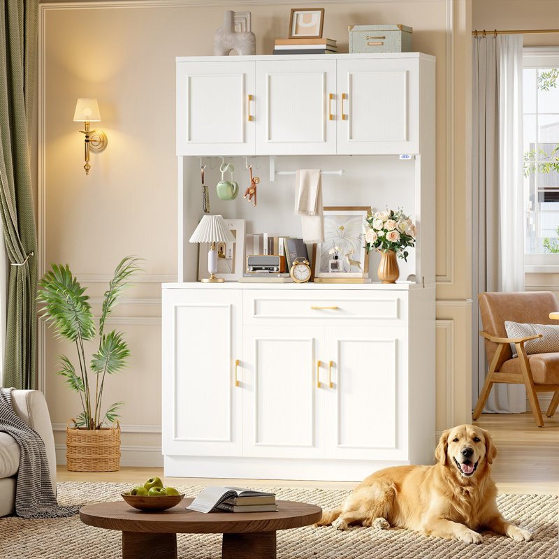 71" Kitchen Hutch Pantry With Power Outlet, Wooden Storage Cabinet with LED Lights, Adjustable Shelves and Drawer, White