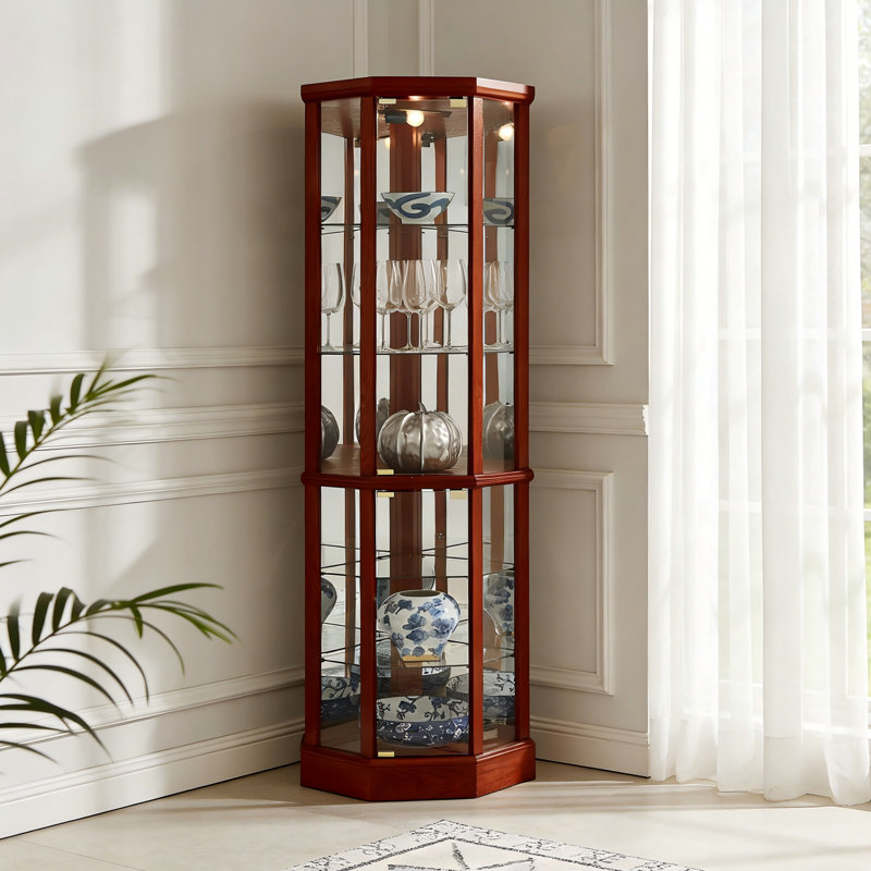 6 Tier Lighted Corner Curio Cabinet with Glass Shelves and Mirror Back, Cherry