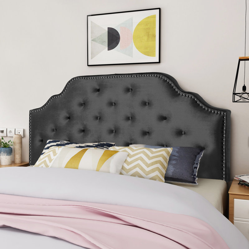 Contemporary Queen & Full Sized Headboard - Black Velvet With Button Diamond Stitch And Appealing Nailhead Border, Assembly Needed Modern Gorgeous Details, Required