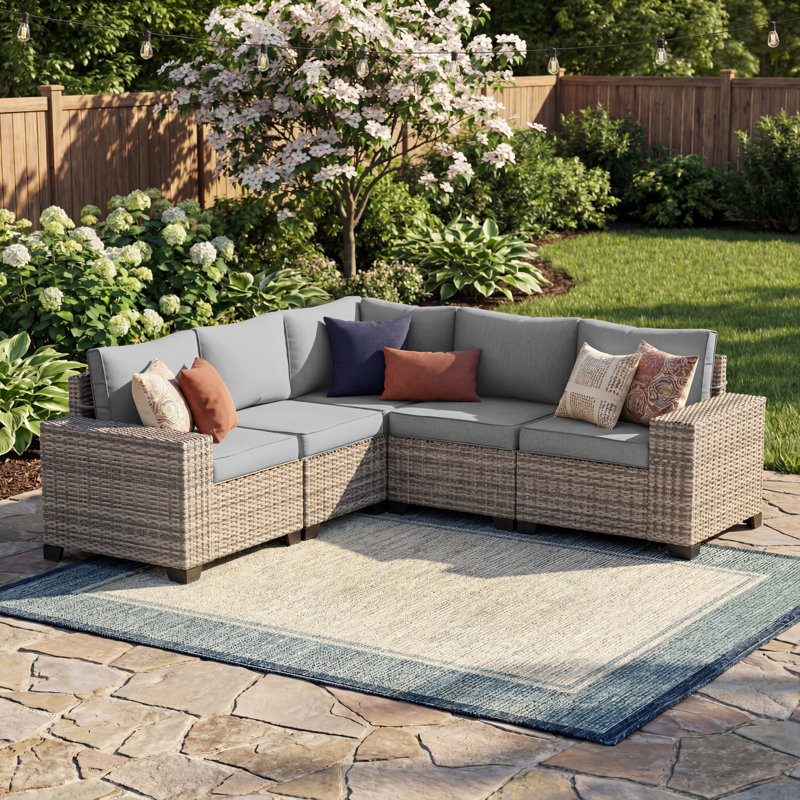 Ensemble de canapé modulaire d'extérieur en osier 5 personnes avec coussins et accoudoirs larges, Gris