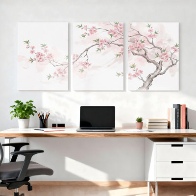 Ensemble de 3 tableaux aquarelle sur toile tendue, représentant des cerisiers en fleurs, pour la décoration du salon et de la chambre.
