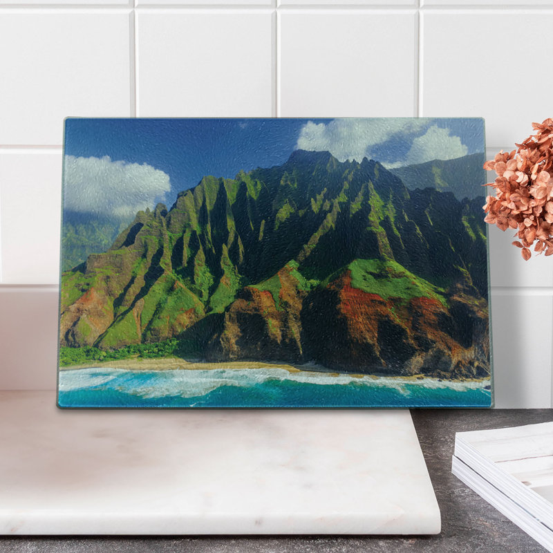Planche à découper en verre trempé Ambesonne Hawaii Mountain Ocean Clouds Green Brown