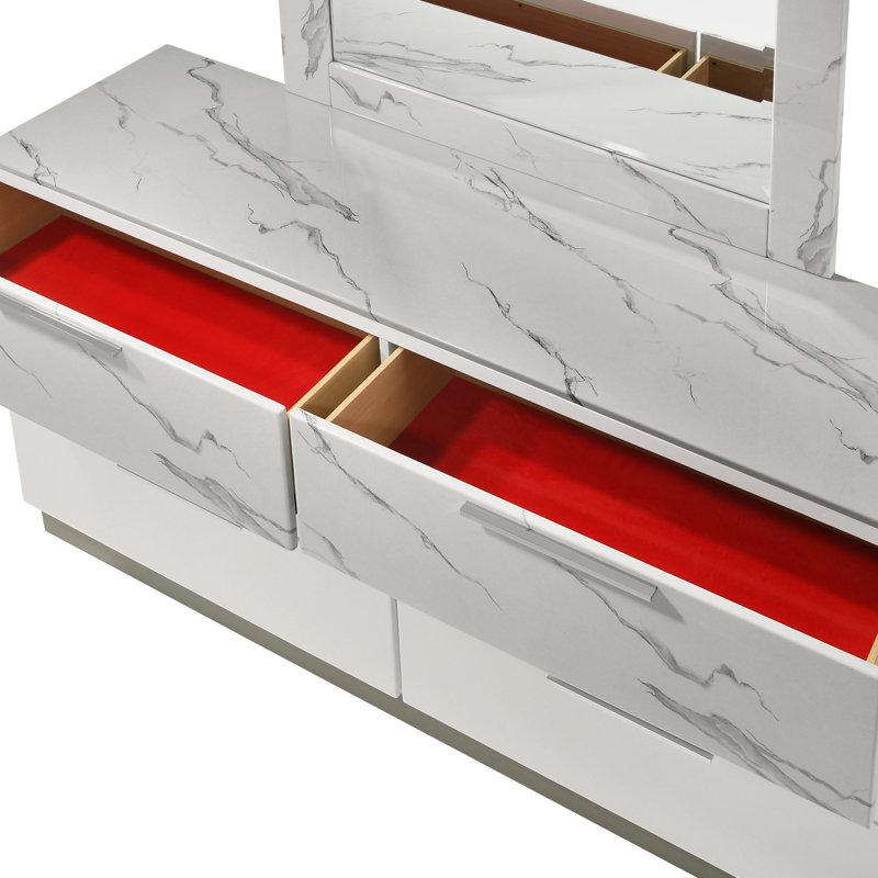Commode blanche brume - Finition bicolore très brillante en marbre et laque avec six tiroirs spacieux, intérieurs doublés de velours