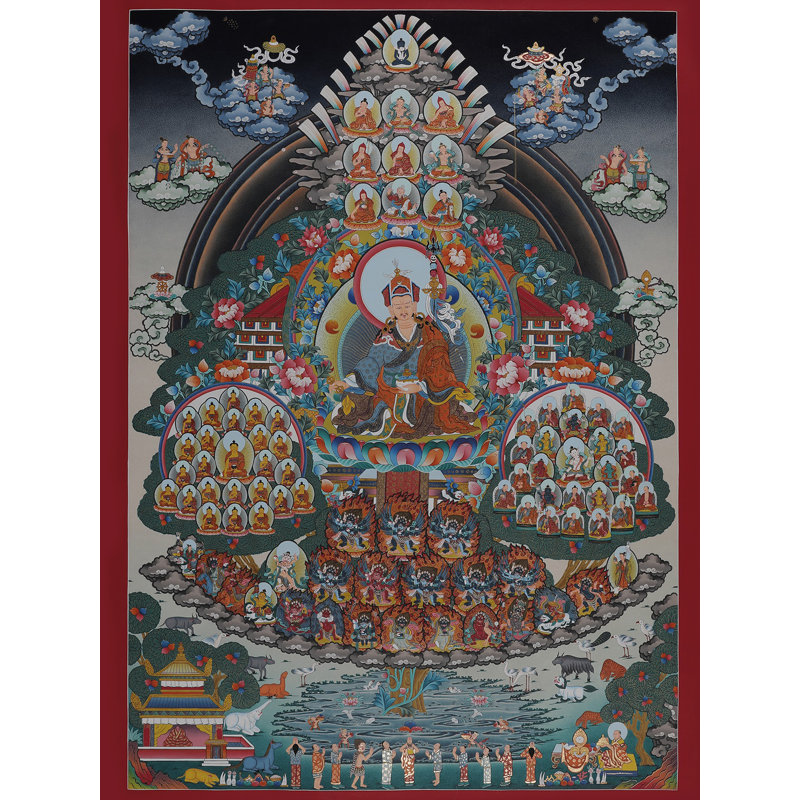 Arbre de refuge de gourou peint à la main Thangka - art mural de lignée tibétaine de 36 po avec or 24 carats, Padmasambhava et champ de mérite