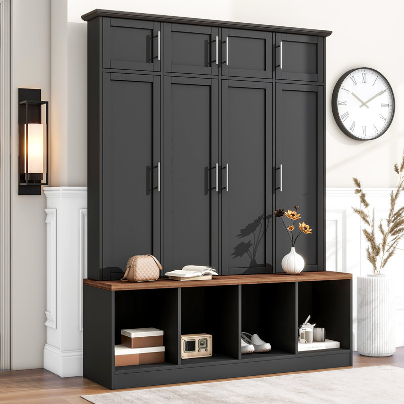 Versatile Hall Tree With 4 Hanging Hooks, Brown Wood Grain Bench With Multiple Storage Space, Entryway Cabinet With Open Compartments For Living Room, Hallway