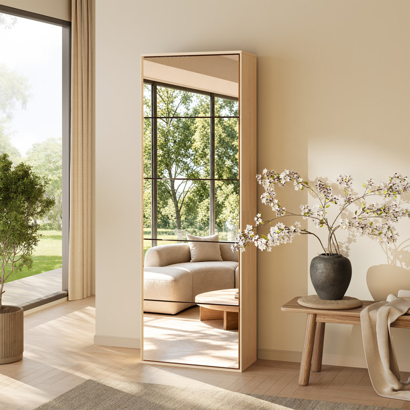 Modern Minimalist 5-shelf Mirrored Shoe Cabinet, Natural Wood