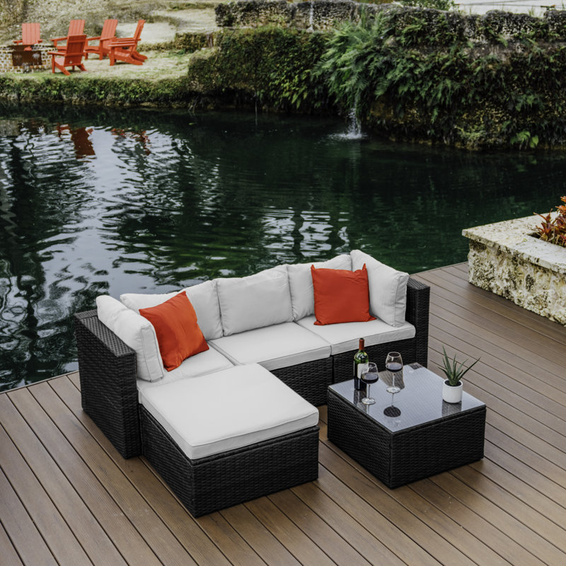 Slunce 4 - Person Outdoor Seating Group with Cushions (Set Of 5), Black Frame/Off White Cushion