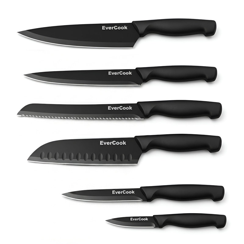 Ensemble de couteaux de cuisine 12 pièces EverCook avec fourreaux à lame, acier inoxydable, noir