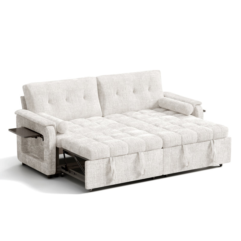 Pull-Out Sleeper Sofa, Convertible Fabric Sofa Bed With Tufted Cushions, Easy Assembly, Space-Saving Design, Beige