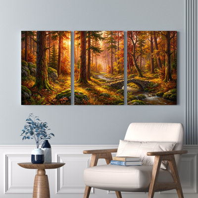 Ensemble de 3 tableaux sur toile représentant un paysage de forêt d'automne
