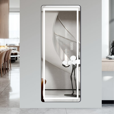 Miroir mural complet noir de 64 po à DEL avec support, cadre en alliage d'aluminium, trois températures de couleur, réflectivité élevée et fonction de réflexion véritable X 21, stable sur pied