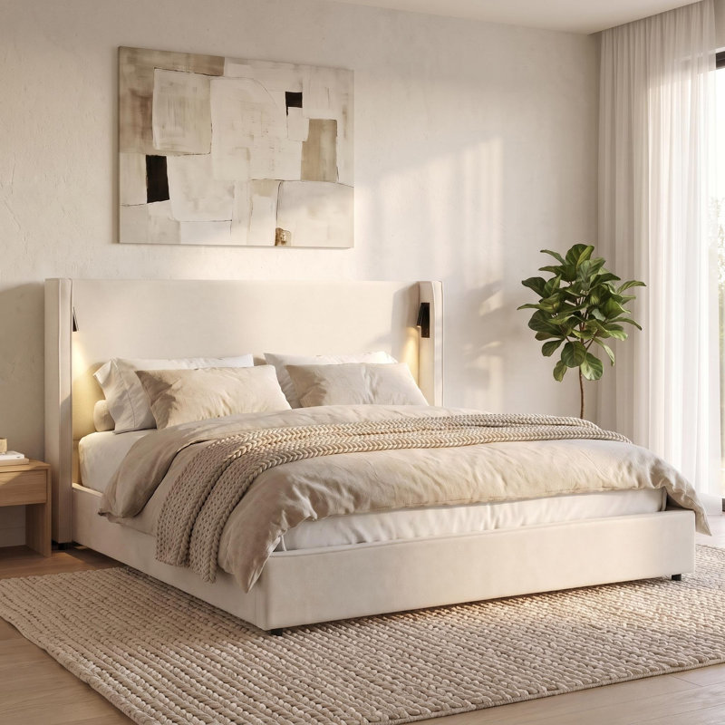 Structure de lit moderne tapissier avec tête de lit à oreilles, deux lumières de lecture, port de chargement USB et aucun sommier nécessaire