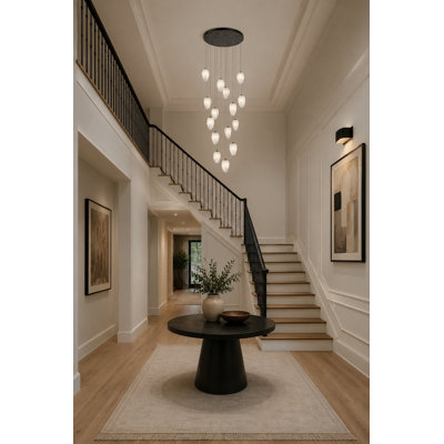 15-Light Black Chandelier With White Glass Pendants