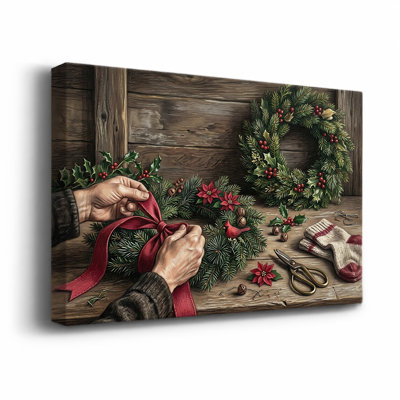 Art mural sur toile, mains et attaches, ruban rouge sur une couronne de pin