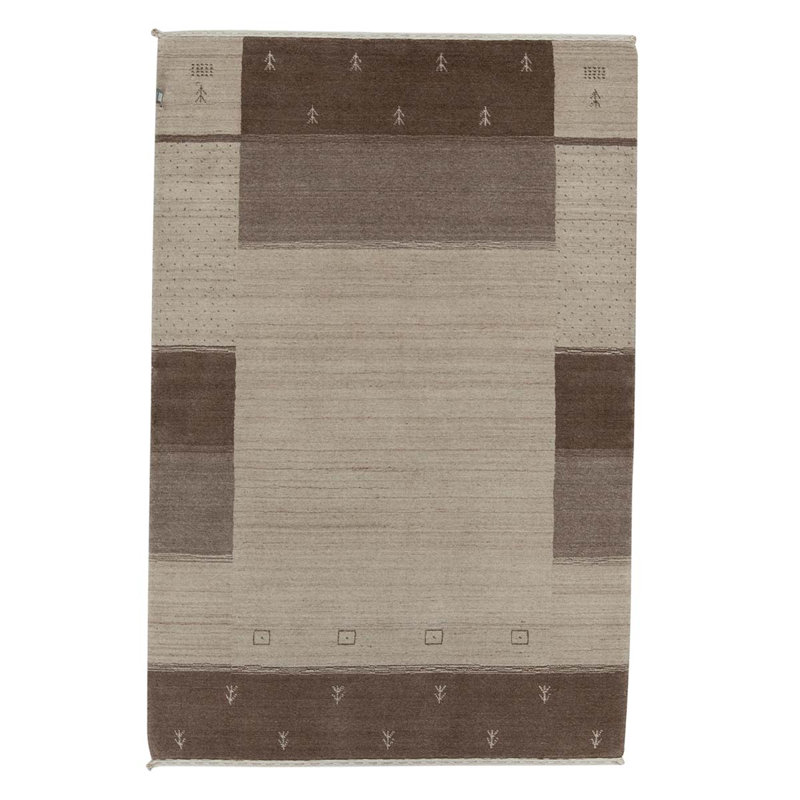 Tapis gris / brun en laine noué à la main de conception unique de 3 pi 9 po x 5 pi 9 po One-of-a-Kind