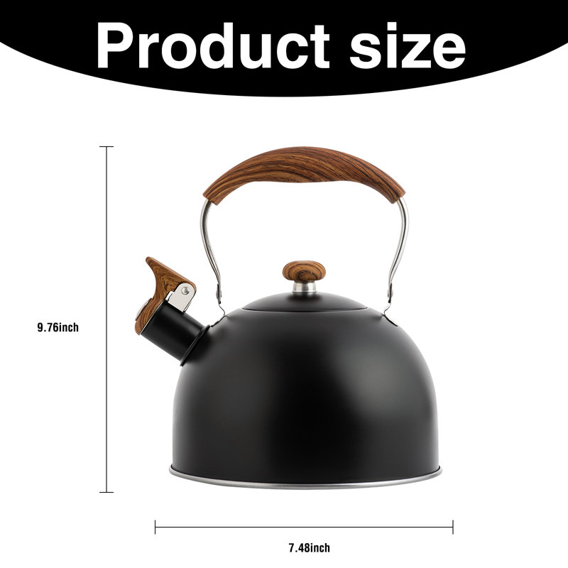 Théière Whistle 2,5 litres, bouilloire en acier inoxydable avec poignée pliante en bois pour le thé, Noir