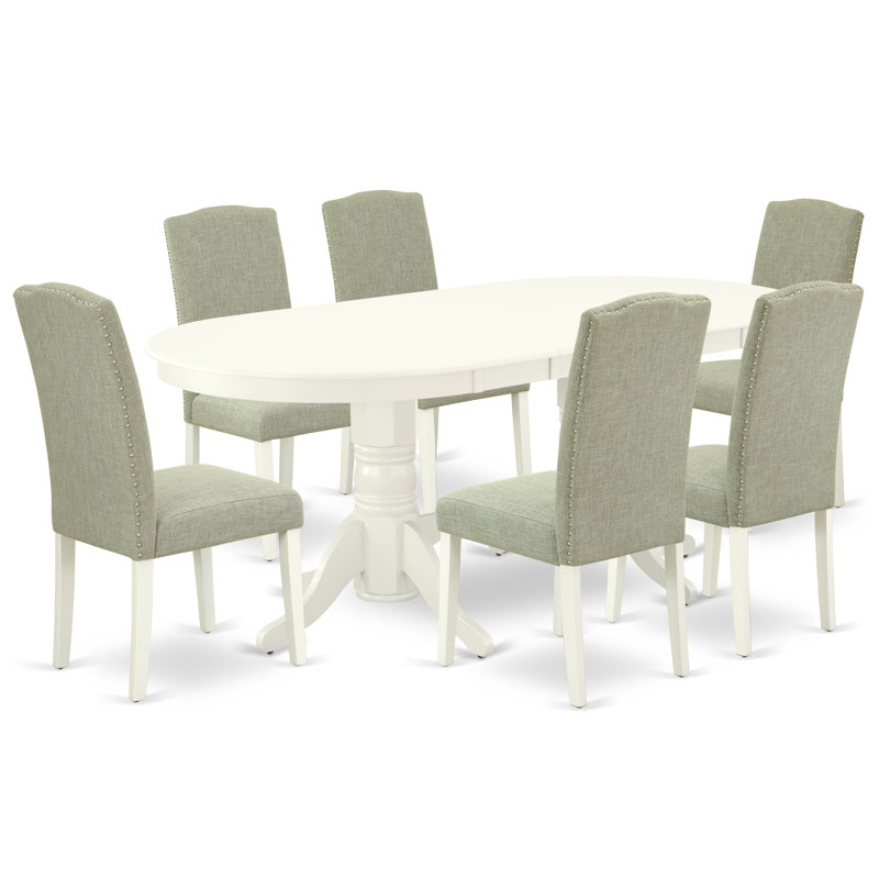 5-Piece Set Includes a Wooden Dining Table and 4 Dark Shitake Linen Fabric Parson Chairs with High Back - Linen White, 5