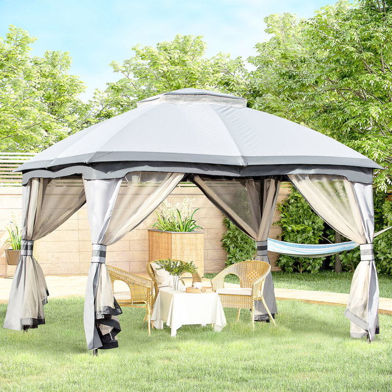 Auvent de jardin 10 'x 12', gris, structure en acier massif, double toit ventilé et parois latérales en filet à fermeture à glissière pour abri de jardin pour activités extérieures, zone de confort
