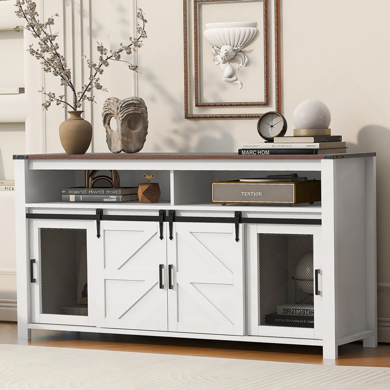 Accent Cabinet, Sideboard With Sliding Barn Door, Farmhouse Buffet With Open Storage For Living Room, Hallway,Kitchen, Office