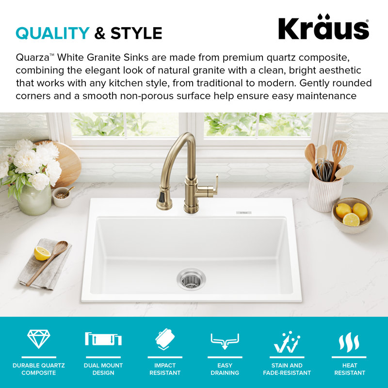 KRAUS Quarza 31” Granite Drop In / Undermount Single Bowl White Kitchen Sink, Single Bowl, 30.75"