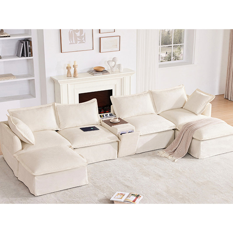Canapé modulaire de 131 po avec repose-pieds et console, porte-gobelet dissimulé, tissu chenille, siège large pour appartement