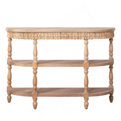 Handcrafted Wood Console Table With Hand-Woven Trim, 3-Tier Storage Shelves, Oval Entryway Table With Carved Legs, Rustic Coastal Farmhouse Accent Table, 49" Hallway Sofa Table