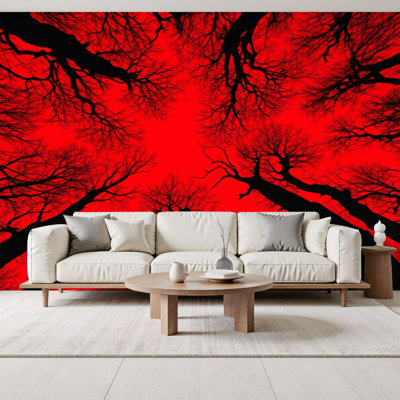 Peel and Stick Wallpaper Dark Silhouetted Trees Against Red Sky Wall Murals 69"H x 96"W Removable PVC Wall Paper Self-Adhesive Wall Decor for Bedroom Living Room Home Office