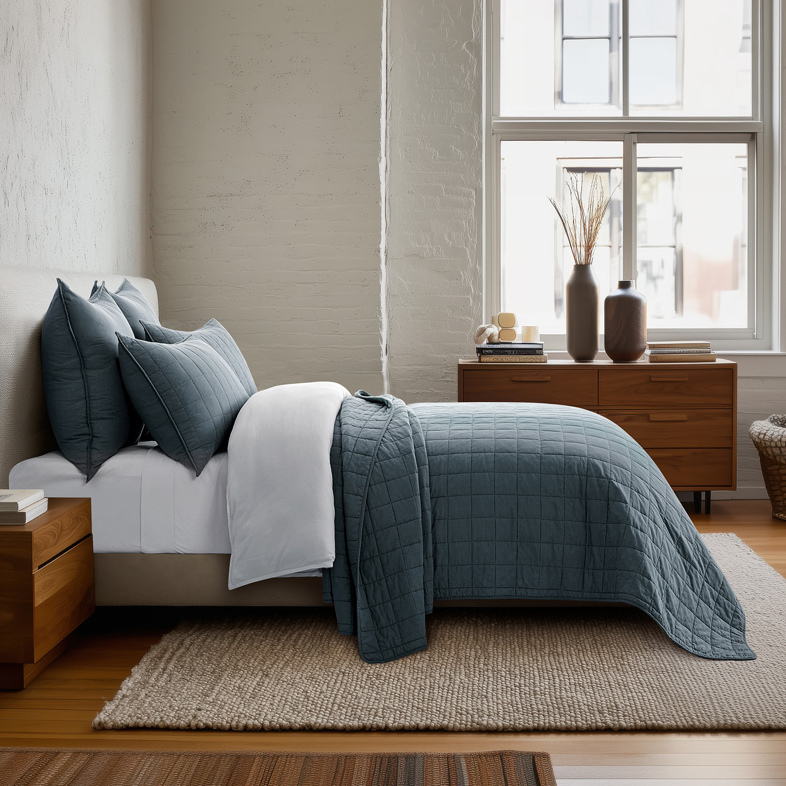 Cotton Quilt Set, California King Quilt + 2 King Shams, Midnight Blue
