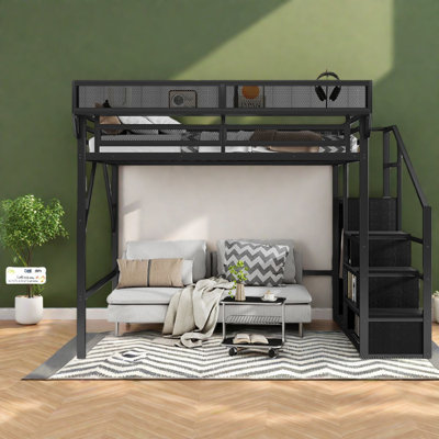 Lit mezzanine double en métal compact avec rangement, conception moderne pour les adolescents