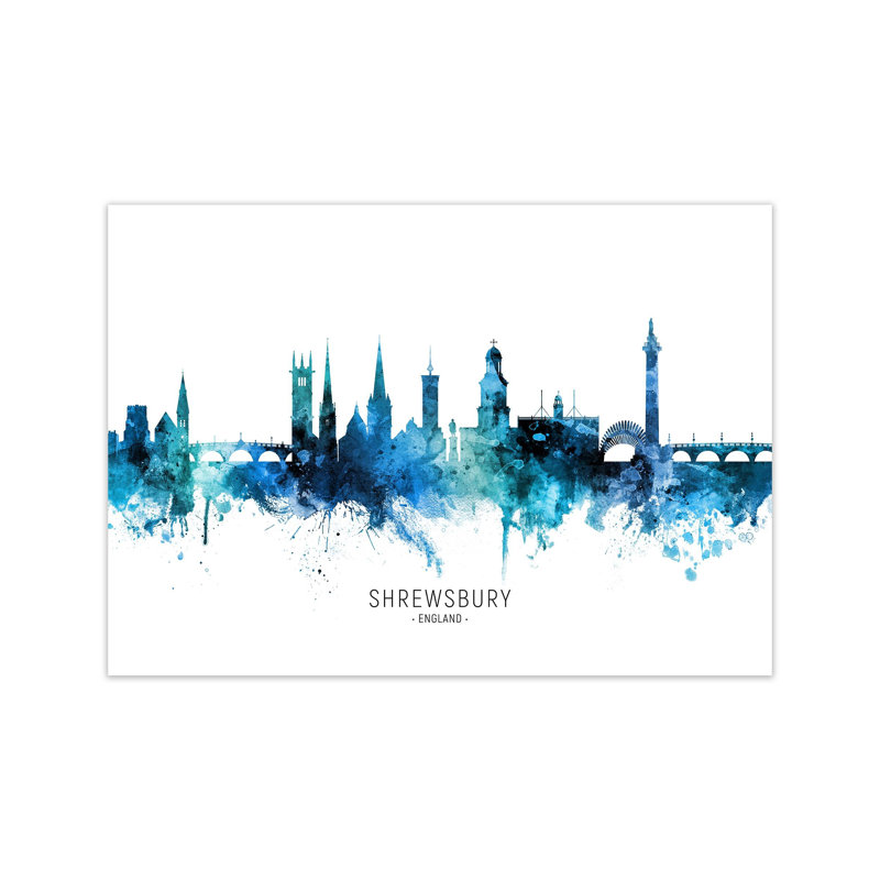 Shrewsbury England Skyline Blue City Name by Michael Tompsett - Print, 42cm H x 59cm W x 1cm D, Unframed