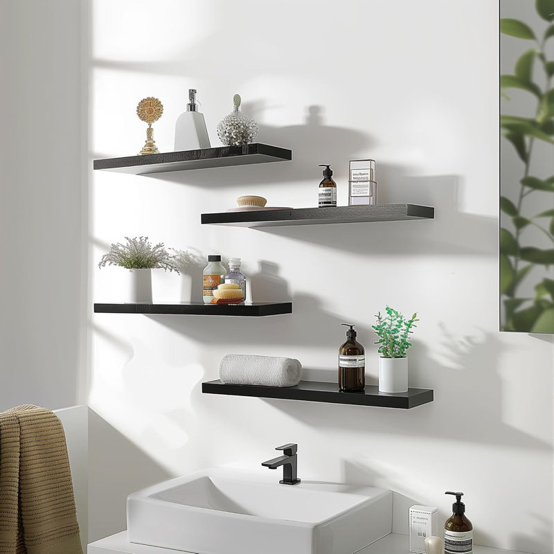 Rustic Floating Shelves For Wall Decor - Set Of 4 Real Wood Shelves With Industrial Metal Brackets For Bedroom, Bathroom, Kitchen, Living Room - Easy To Install And Sturdy