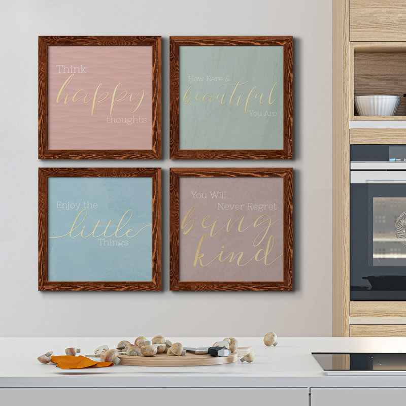 Pensées heureuses - ensemble de 4 peintures sur toile encadrées, H 17 po x l 34 po x P 1,5 po, Toile d'érable encadrée