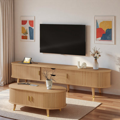 Wooden Farmhouse Tv Stand & Coffee Table Set With Charging Station And Sliding Doors