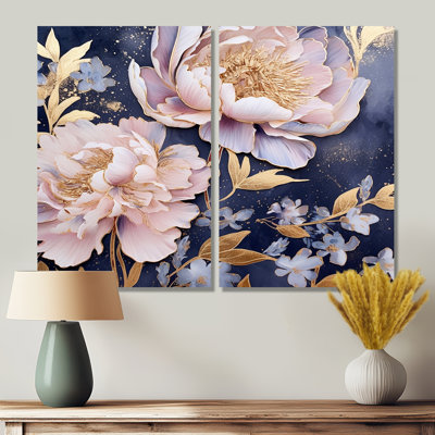 Pivoines roses sur fond bleu - coquelicots
