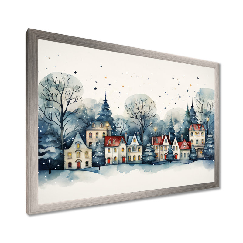 «Christmas Village In Winter I - Winter Landscape», art mural, Cadre de coin argenté fermé, H 34 po x l 44 po x P 1,5 po