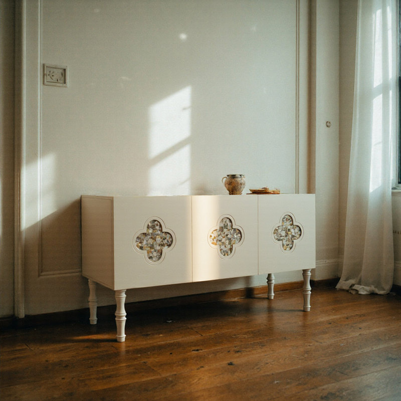 Armoire d'appoint 55,11 pouces beige avec motif quadrilobe