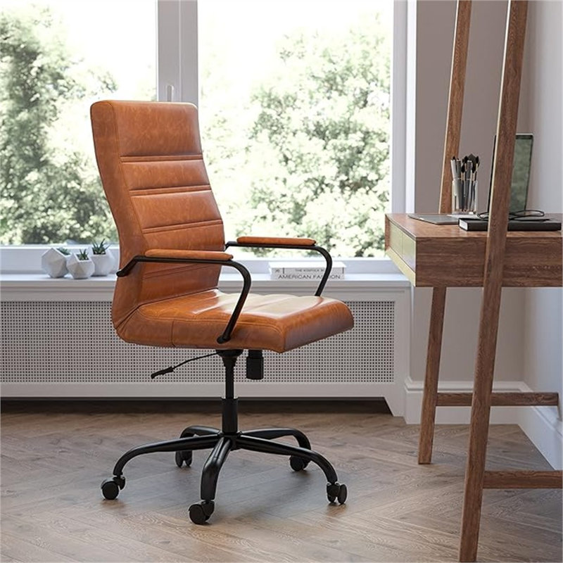 Fauteuil de bureau pivotant à dossier haut en cuir noir EMMA + OLIVER avec structure et accoudoirs noirs, Noir, Noir