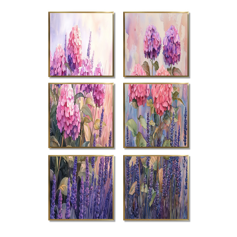 Hortensias dans un champ de lavande - ensemble de 6 décorations murales florales, Impression encadrée sans passe-partout